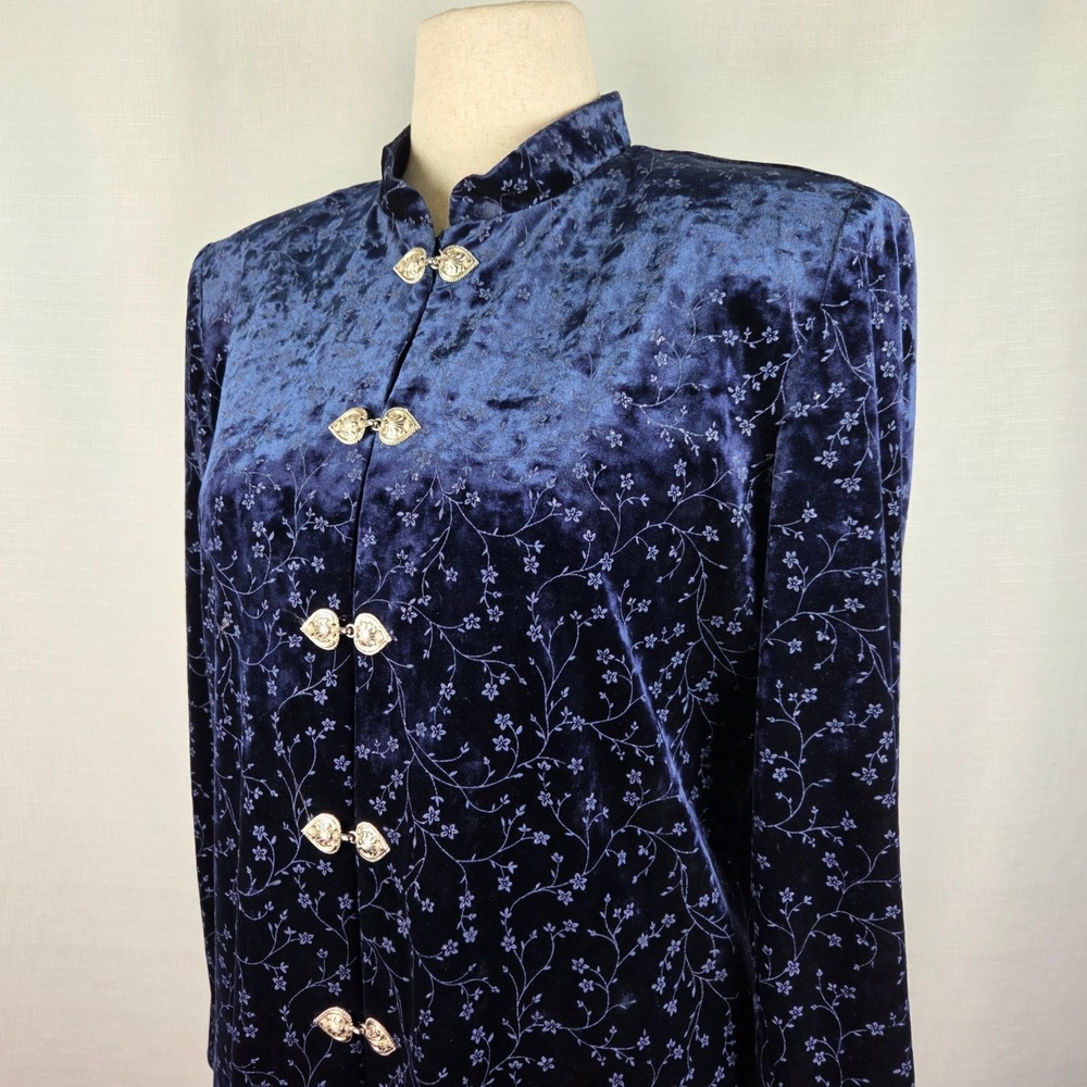 Vintage‎ Navy Blue Velvet Jacket Women's 14 Floral Silver Clasps Mandarin Luxe